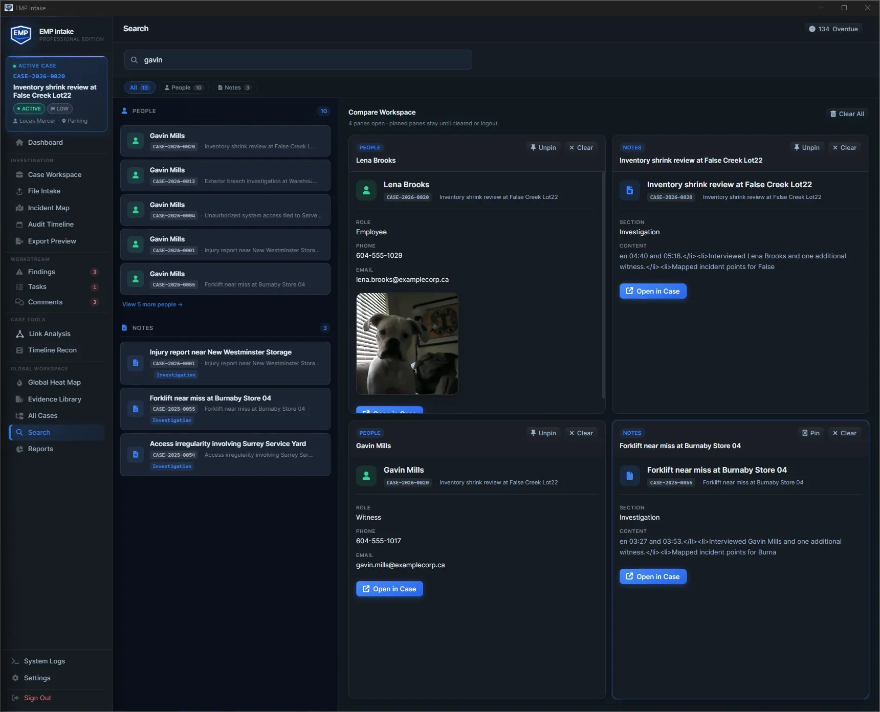EMP Search showing people and note results across cases alongside pinned comparison panels.
