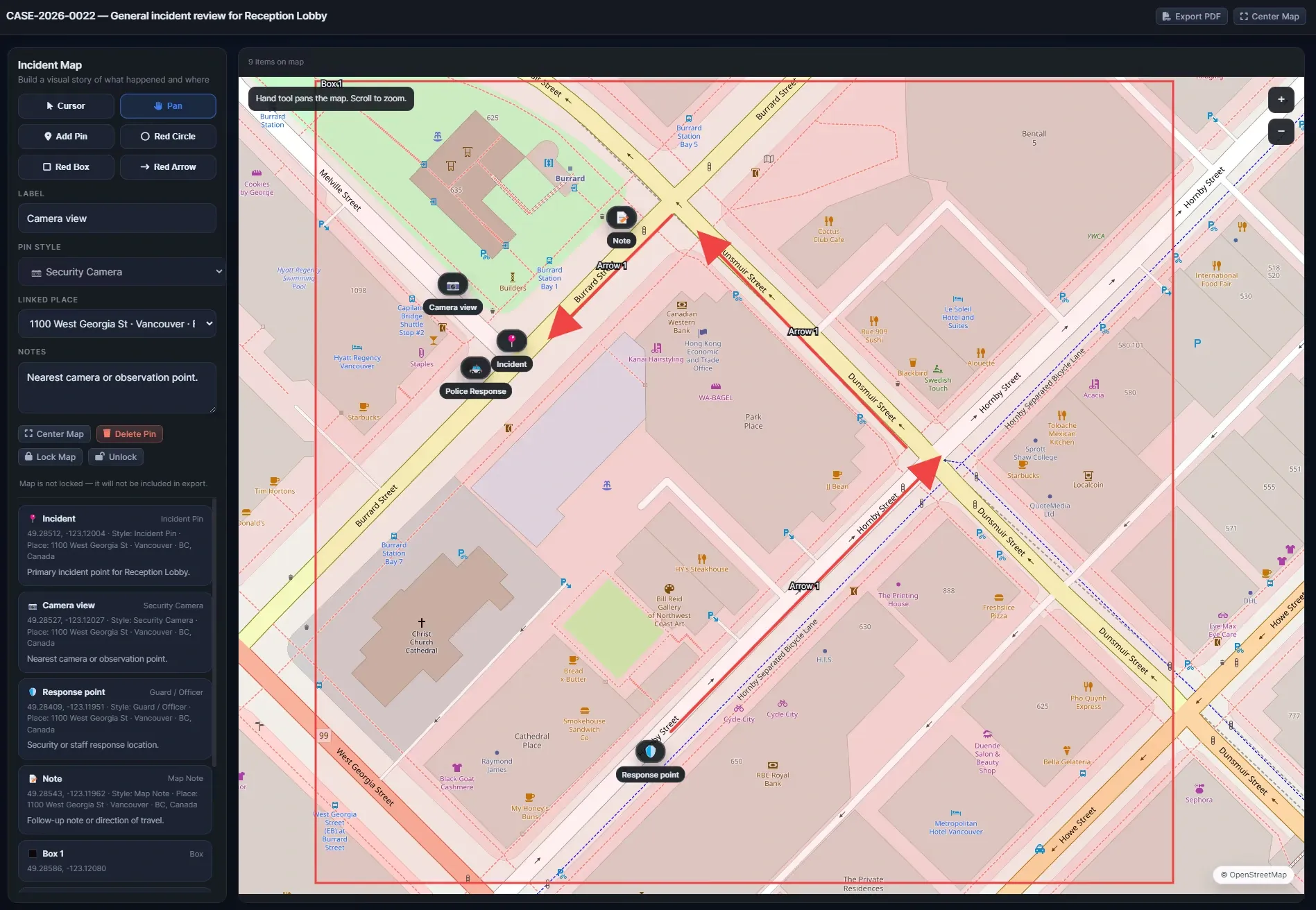 EMP Incident Map showing a Vancouver street map with evidence pins, incident and response points, arrows and scene annotations.