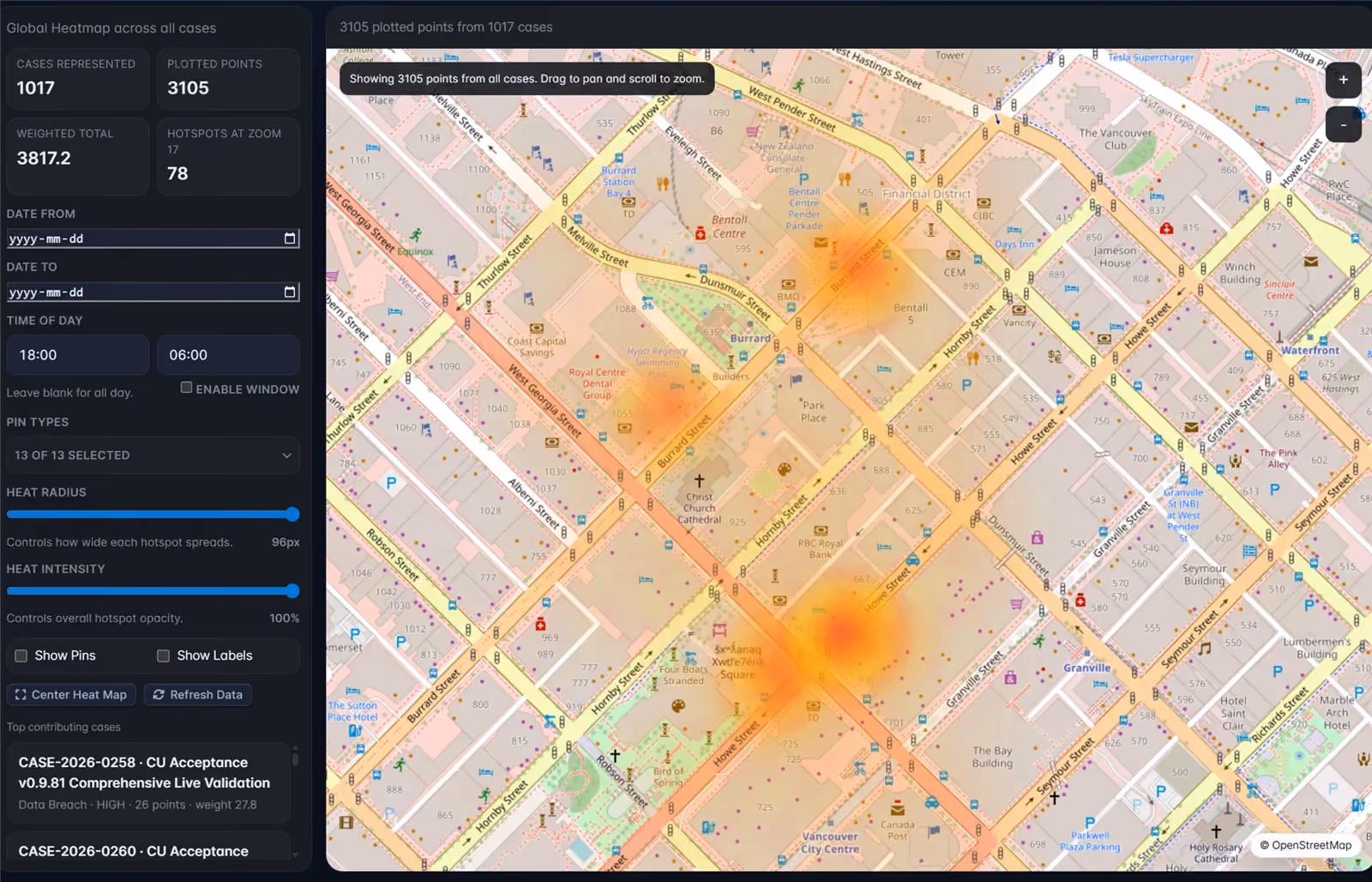 EMP Global Heat Map showing hotspots across cases on a Vancouver street map, with date, time-of-day and pin-type filters.
