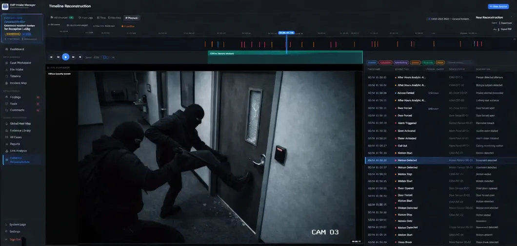 EMP Timeline Reconstruction showing event markers, video playback and an event record list.