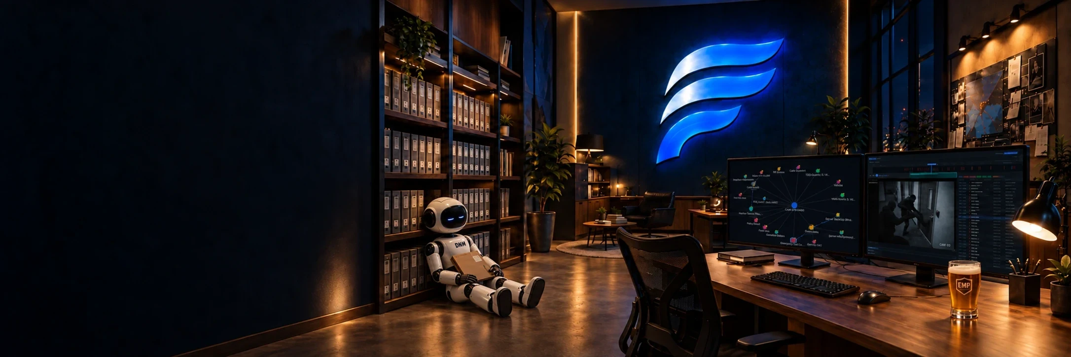 FALCREX workshop at night, with the DNM robot resting beside the archive and dimmed EMP monitors.